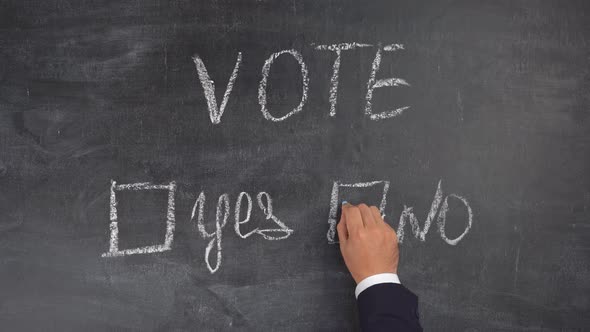 The concept of elections, voting against. A woman's hand puts a tick next to the word NO. alt