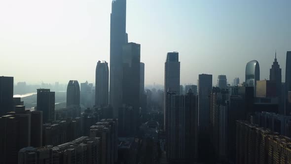 Aerial shot of Guangzhou downtown central buildings district (CBD) on a sunny day in the afternoon alt