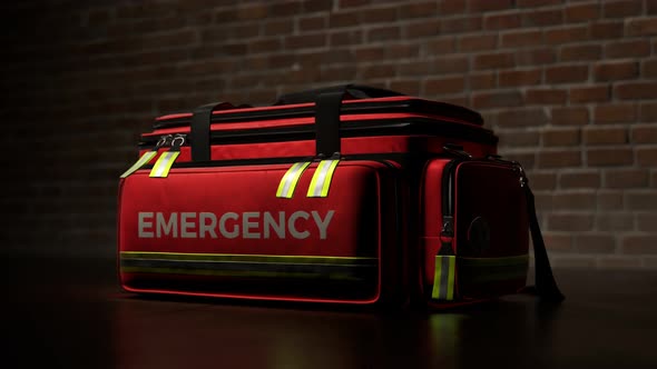 The red emergency first aid bag against a brick wall. Ambulance lights blinking. alt