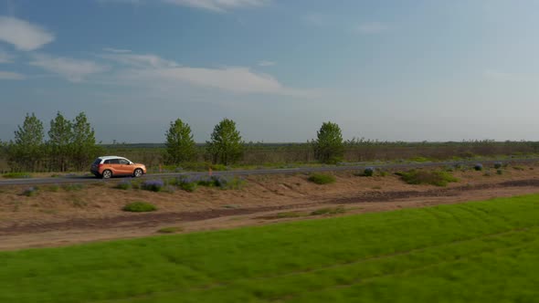 Drone View Orbit Around Car Driving Calm and Peacefully on Ring Road in Iceland alt