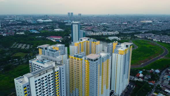 Aerial landscape of modern apartment building central business district from a drone alt