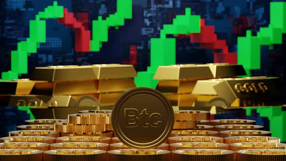 3d Render Golden Bitcoin Btc Spinning with Gold Bars and Coins on Background alt