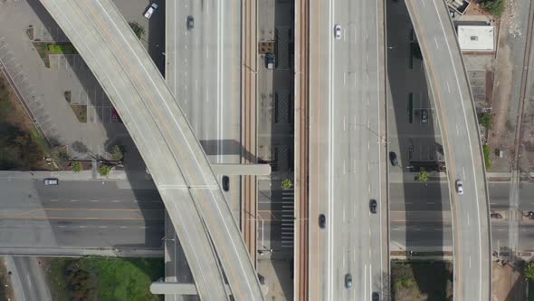 AERIAL: Spectacular Overhead Follow Shot of Judge Pregerson Highway Showing Multiple Roads, Bridges alt
