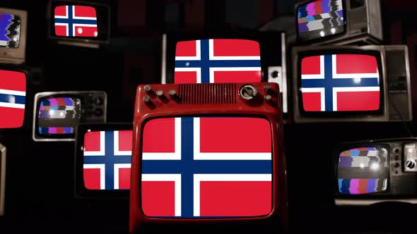 Flag of Norway on Retro TVs. 4K.