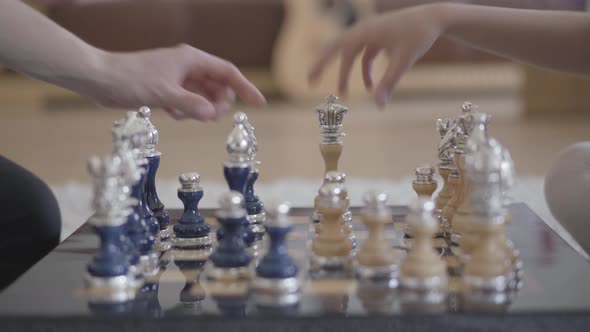 Two Unrecognizable People Playing Beautiful Luxury Chess in the Living Room in a Cozy Atmosphere alt