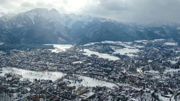 Aerial view of Zakopane town in Tatra Mountains, Poland (winter time) alt