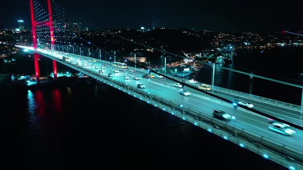 Aerial Night view of Istanbul, Bosphorus with illuminated Bridges.