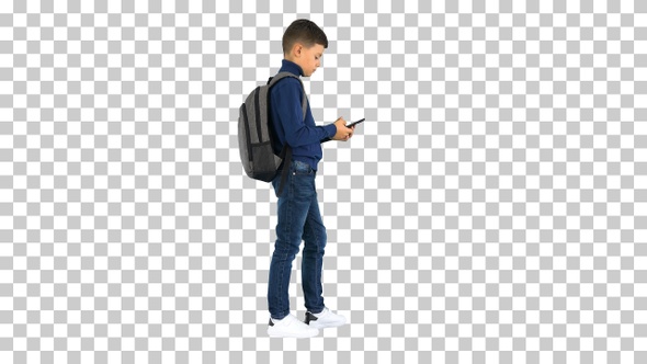 Schoolboy with a backpack using mobile phone, Alpha Channel alt