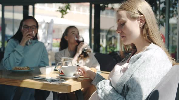 Side View of Young Pregnant Lady Drinking Tea and Touching Belly While Friends Drinking Wine and alt