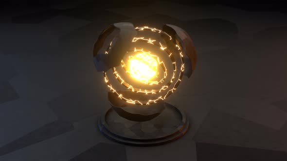 4K loop 3D animation. Sci-fi object with glowing energy at center. Rotation metal sphere alt