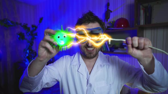 Crazy doctor is shocking the virus. Funny scientist  alt