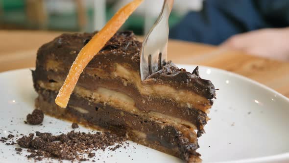 Vegetarian Cafe Visitor Inputs Fork Into Vegan Cake Slice alt