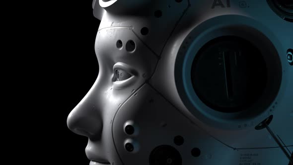 robot head. the camera moves slowly from close-up to overall showing the robot. alt