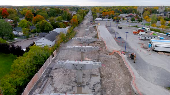 4K camera drone view of the construction site of the REM (Metropolitan Express Network) in Montreal.