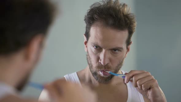 Sleepy Man Brushing Teeth, Tired of Routine, Going to Work in Morning, Hangover alt