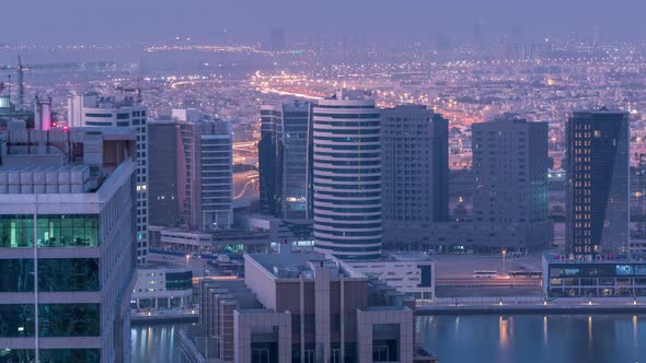 Dawn in Big City Dubai From Night to Morning Transition Aerial Timelapse alt