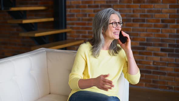 Mature Lady Wearing Casual Wear and Glasses Talking on Smartphone alt