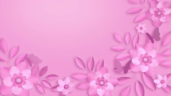 Pink background with flowers and butterflies
