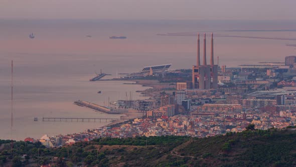 Sunrise in Barcelona View of the Port of Badalona and the Tree Chimneys of Sant Adria