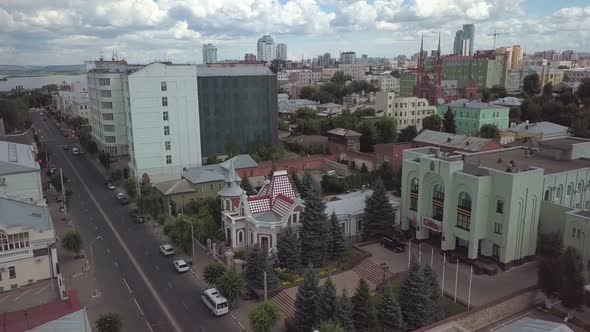 Amazing Different Architectural Styles in Downtown of Russian City, Aerial Shot at Summer Day