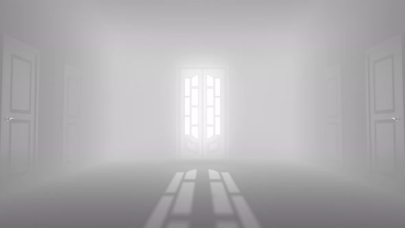   Entrance from the foggy corridor through the white door to the light.