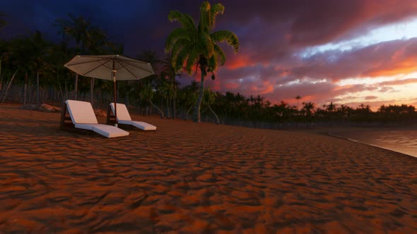 Tranquil Tropical Sunset Scenery Couple Sun Bed Loungers
