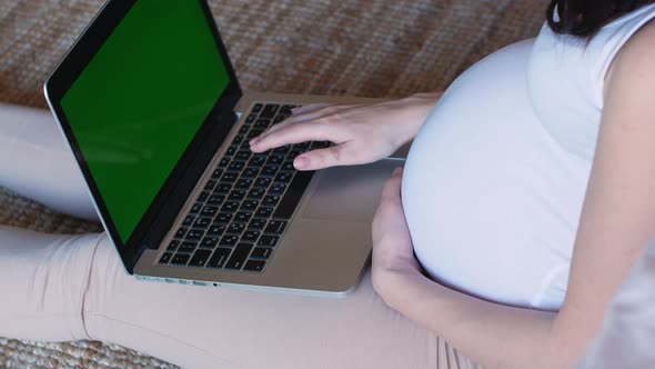 Pregnant woman working remotely via laptop at home. Expecting a baby and working from home.