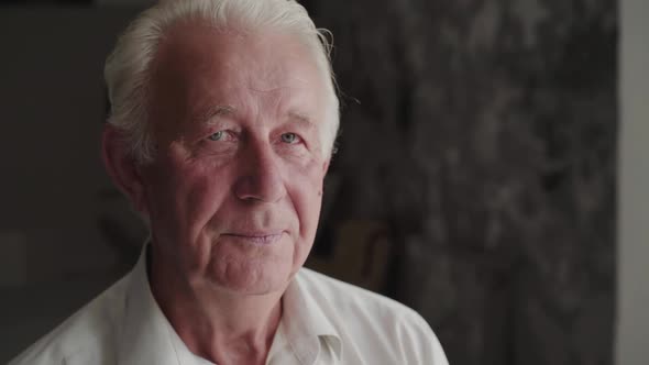 Portrait of Senior Man Looks Into Camera with Light Smile and Nods Head Easy alt