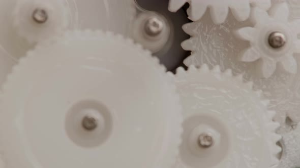 Five Plastic Gears Rotate in Mutual Mesh Inside a Small Reduction Gear alt