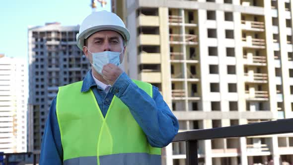 Worker Staff in White Helmet Put on and Put Off Medical Mask at ...