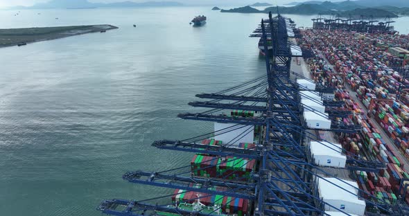 Aerial footage of Yantian international container terminal in Shenzhen city, China alt