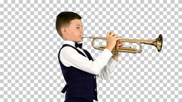 Concentrated little boy in a bow tie blowing, Alpha Channel alt