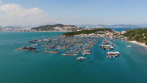 Famous tourist attraction and food production, seafood farms at Nha Trang, Vietnam. Aerial panoramic alt