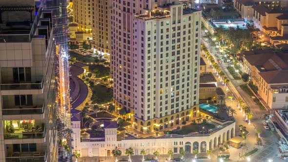 Aerial View of Modern Skyscrapers and Beach at Jumeirah Beach Residence JBR Night Timelapse in Dubai alt