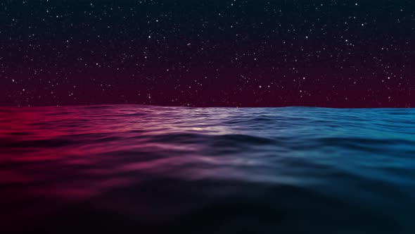 Beautiful Ocean Under Blue And Red Night Sky Reflections With Falling Stars Loop 4k