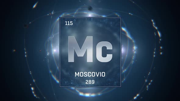 Moscovium as Element 115 of the Periodic Table on Blue Background in Spanish Language