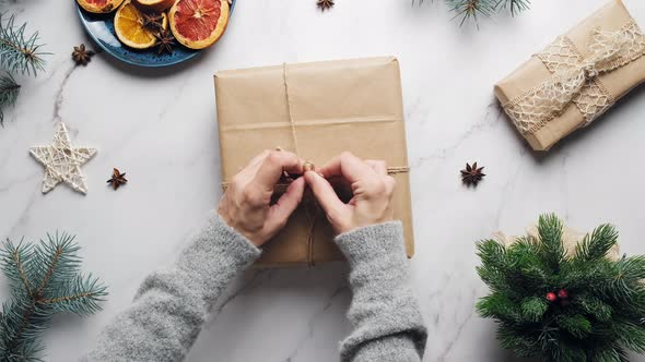 Female Hands Tie a Bow on Box with Christmas Gift alt
