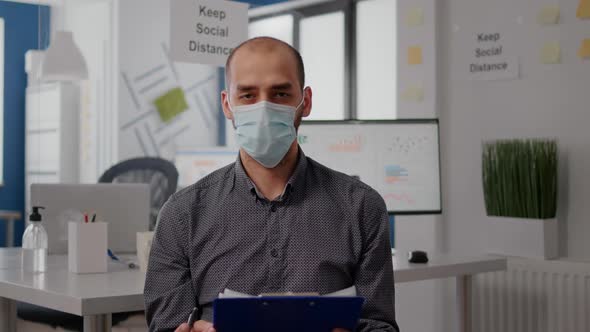 Pov Entrepreneur Man with Protective Face Mask During Zoom Meeting Call alt