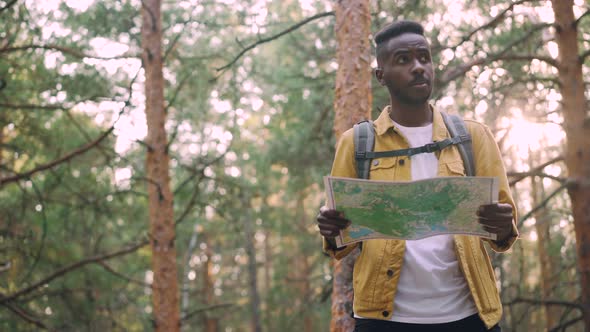 Smiling African American Man Is Walking in Forest Looking at Map Searching for Desired Tourist alt