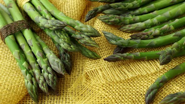 Bunches of asparagus tied with twine on a burlap background. Asparagus officinalis.