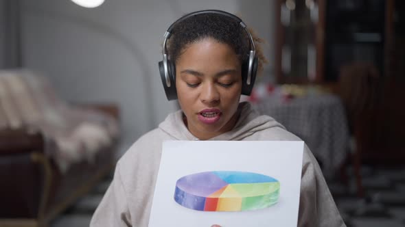 Web Conference POV of Confident Professional African American Woman in Headphones Talking Pointing alt