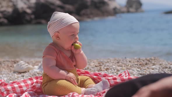 Baby boy 6 months eating an apple on the background of the sea on a sunny day alt