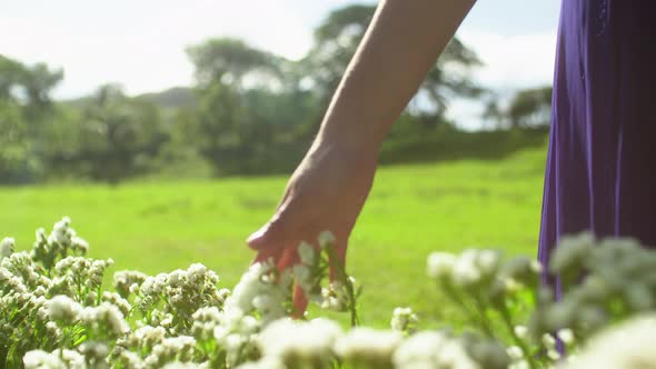 Close up Girl passing hand over grass field with white green flowers.