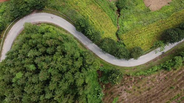 Aerial View of The Road Among The Mountains Around Forests and Jungles Motorcyclists and Cars