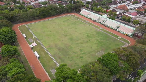 Aerial View green Stadium in the city of Klaten, Indonesia. alt
