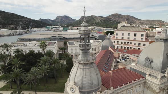 Palacio Consistorial de Cartagena and Plaza Héroes de Cavite, Spain. Aerial view
