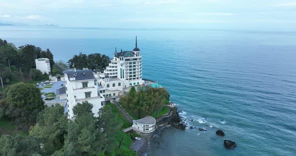 Tsikhisdziri, Georgia - May 8 2022: Aerial view of Castello Mare Hotel alt