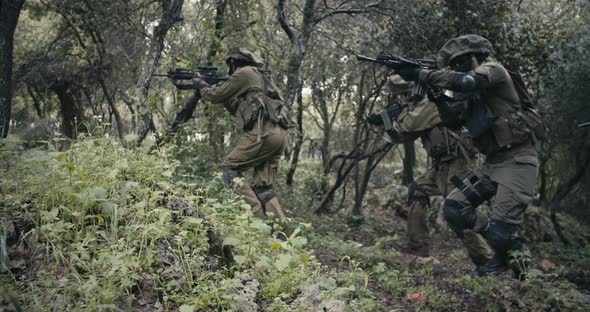 Squad of fully armed commando soldiers during combat in a forest ...