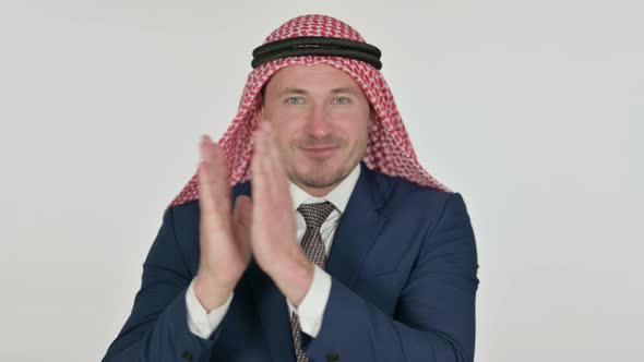 Happy Arab Businessman Clapping, Applauding, White Background alt