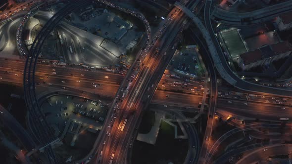 Huge Freeway Interchange at Night with Car Traffic in Istanbul Financial District alt